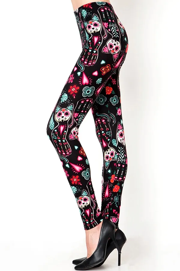 Sugar Skull Cats Print Soft Leggings