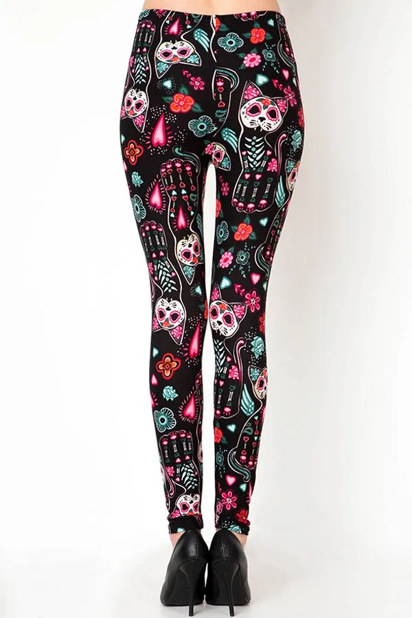 Sugar Skull Cats Print Soft Leggings