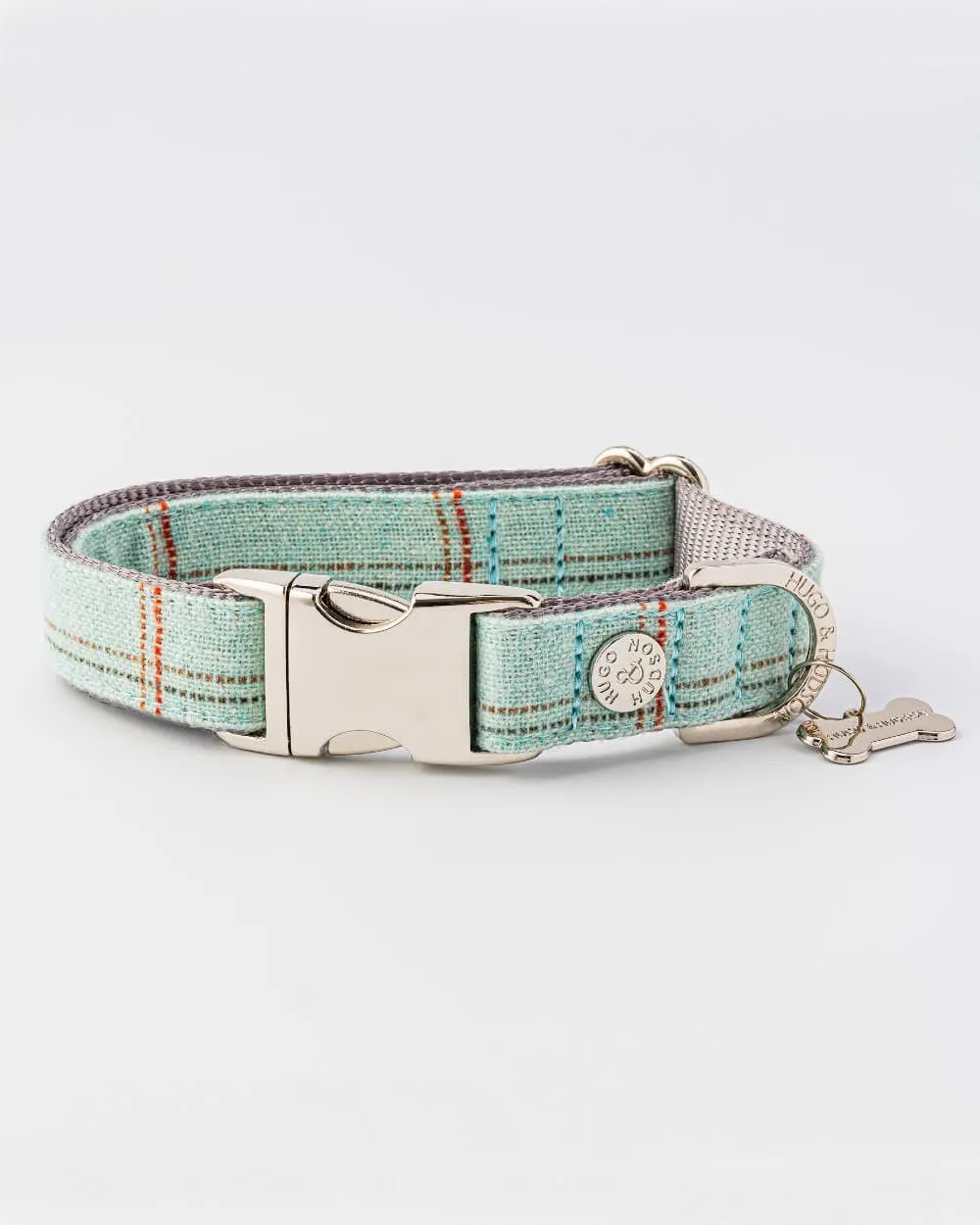 Tweed Metal Buckle Dog Collar - Aqua Checked