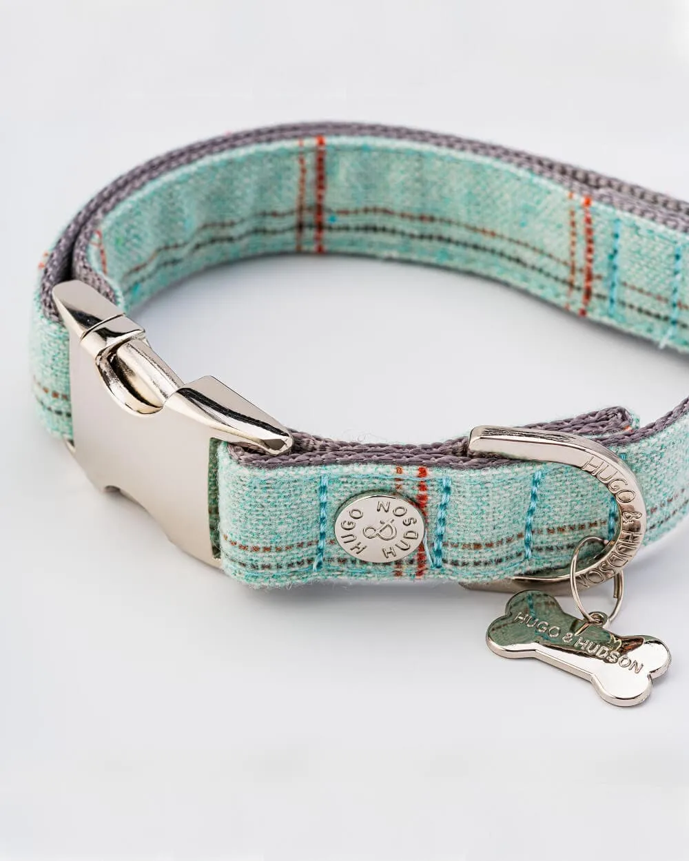 Tweed Metal Buckle Dog Collar - Aqua Checked