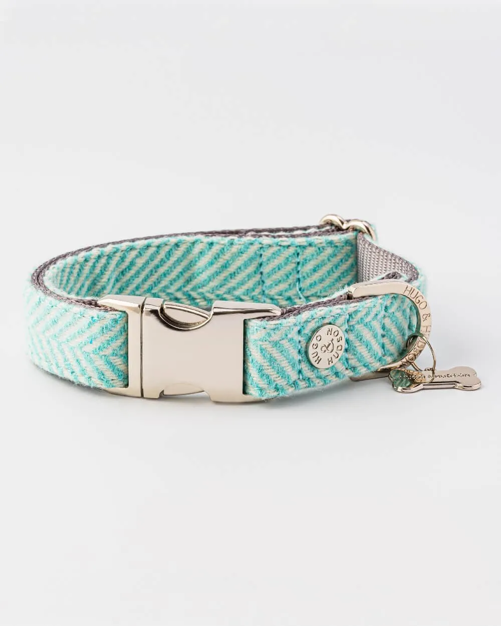 Tweed Metal Buckle Dog Collar - Aqua Herringbone