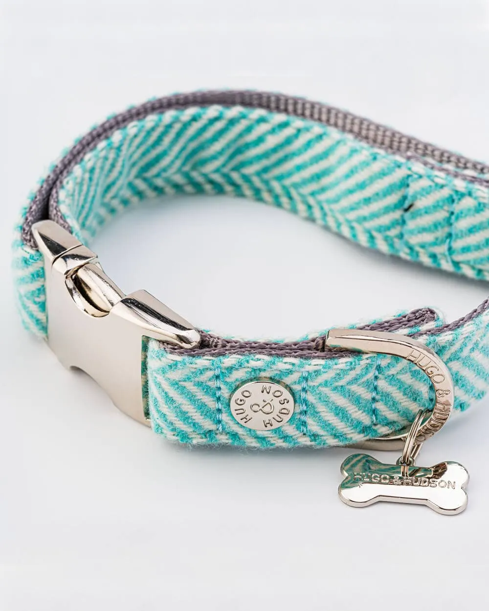 Tweed Metal Buckle Dog Collar - Aqua Herringbone