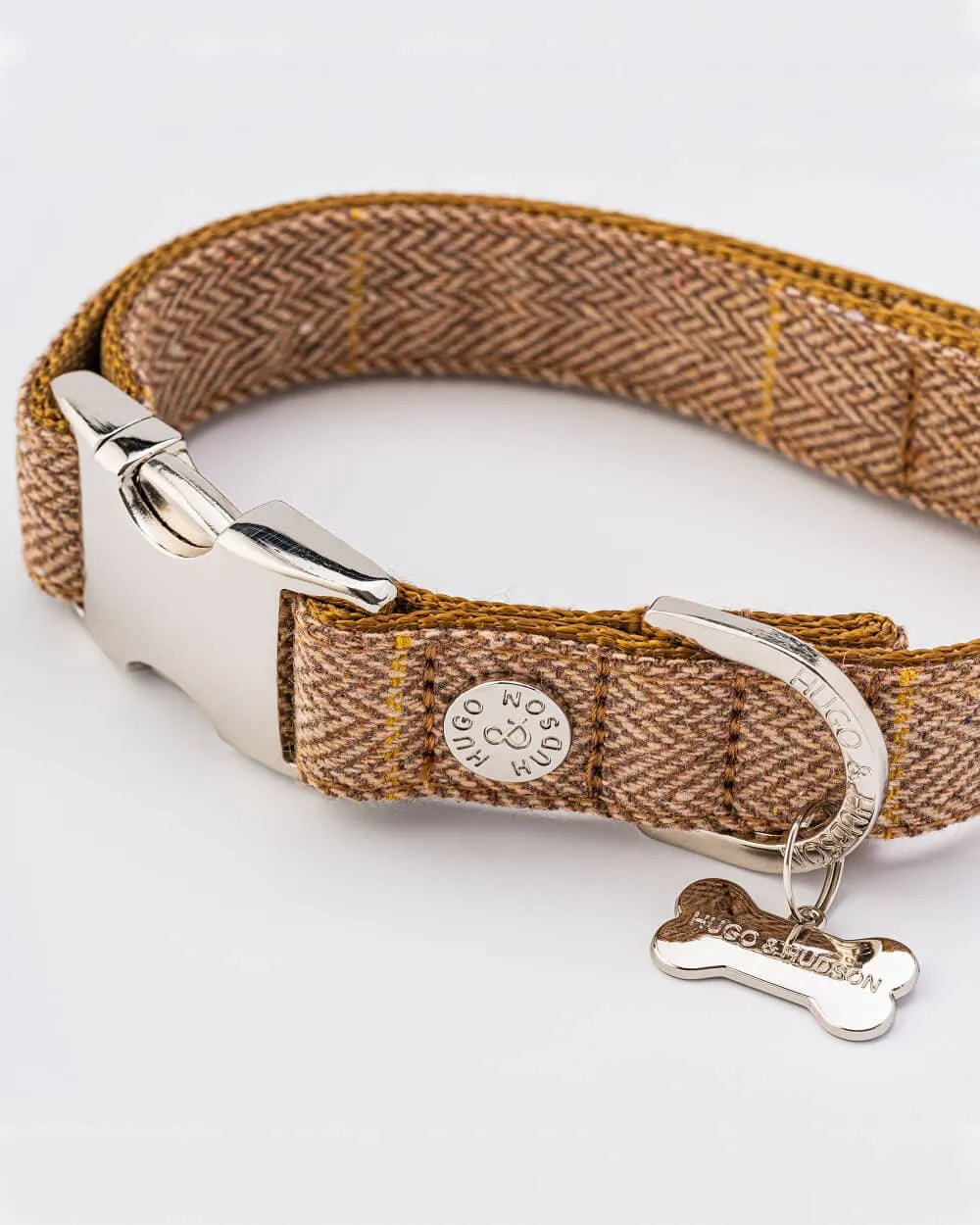 Tweed Metal Buckle Dog Collar - Caramel Checked Herringbone