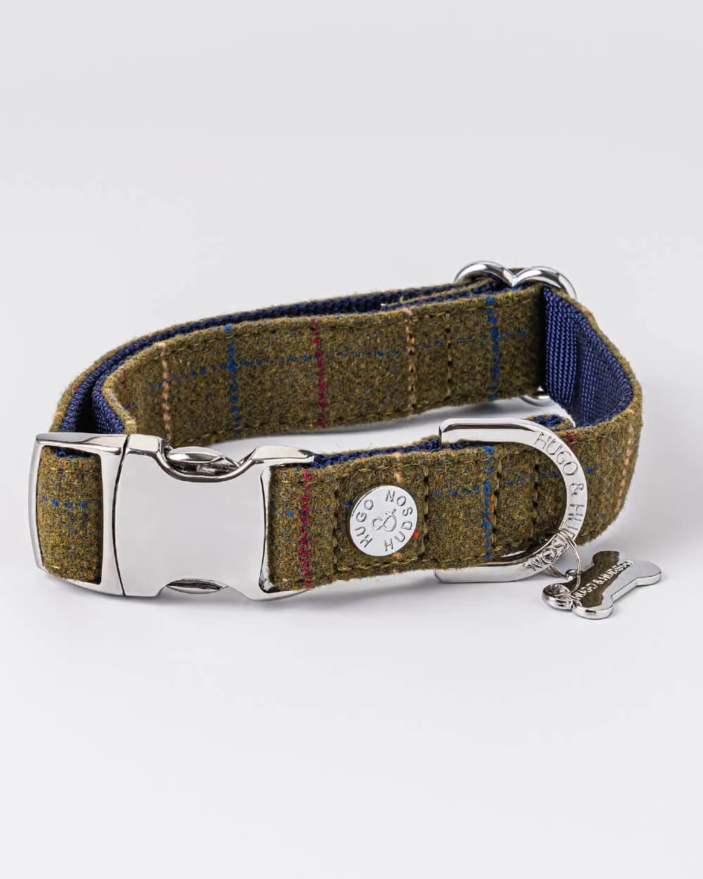 Tweed Metal Buckle Dog Collar - Dark Green Checked