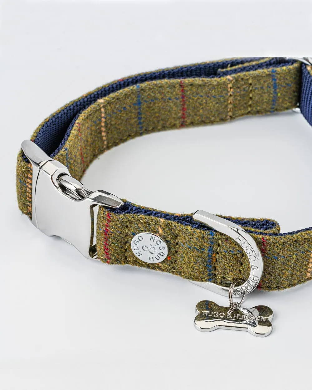 Tweed Metal Buckle Dog Collar - Dark Green Checked