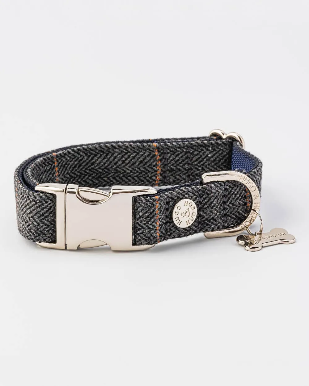 Tweed Metal Buckle Dog Collar - Grey Checked Herringbone