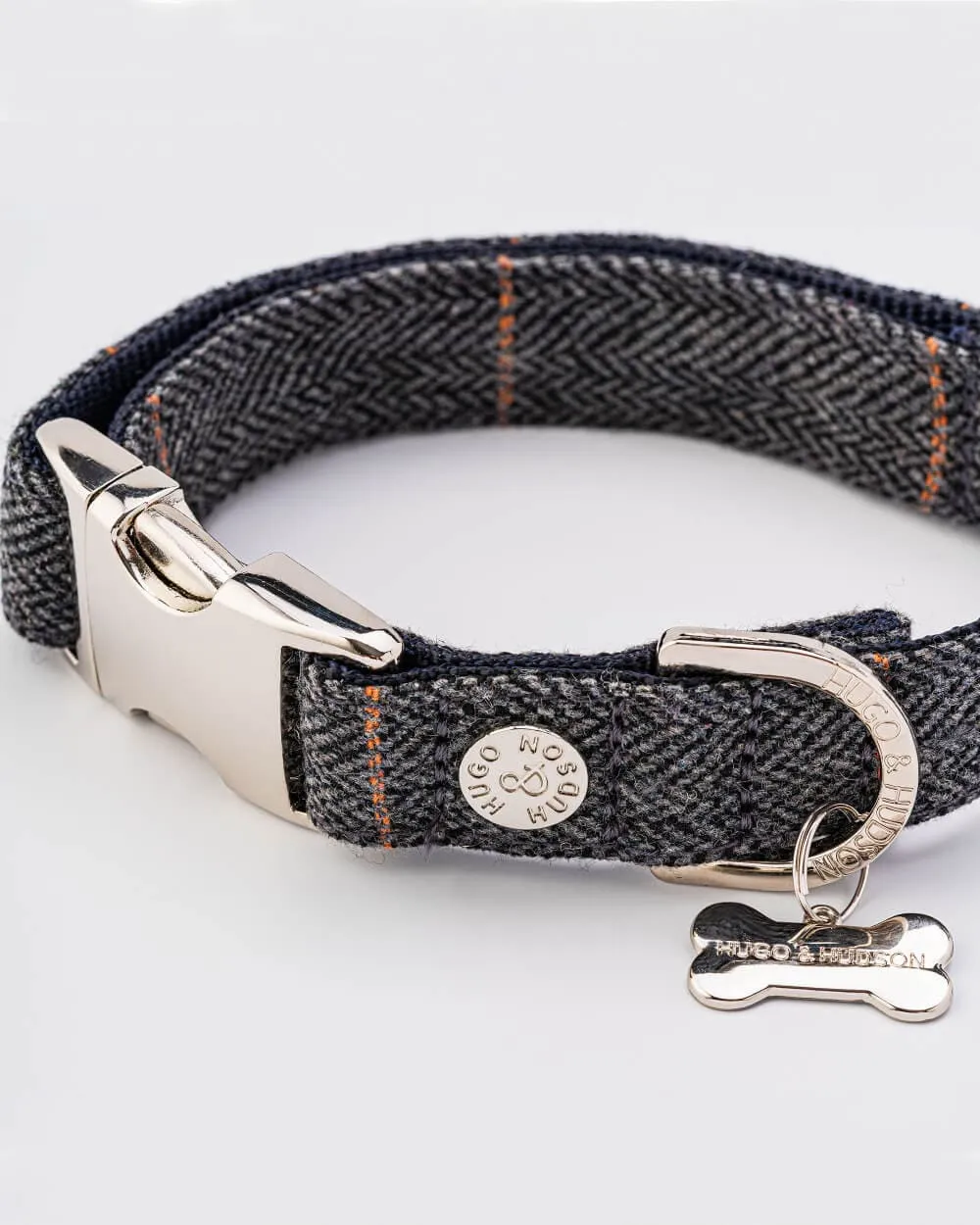 Tweed Metal Buckle Dog Collar - Grey Checked Herringbone