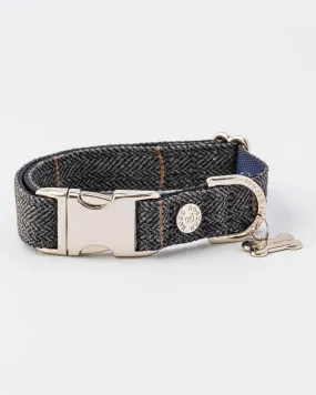 Tweed Metal Buckle Dog Collar - Grey Checkered Herringbone