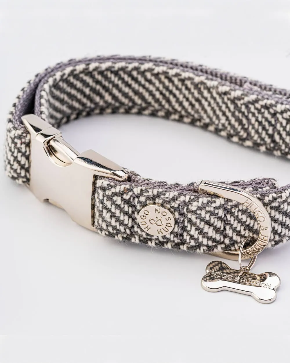 Tweed Metal Buckle Dog Collar - Grey Herringbone