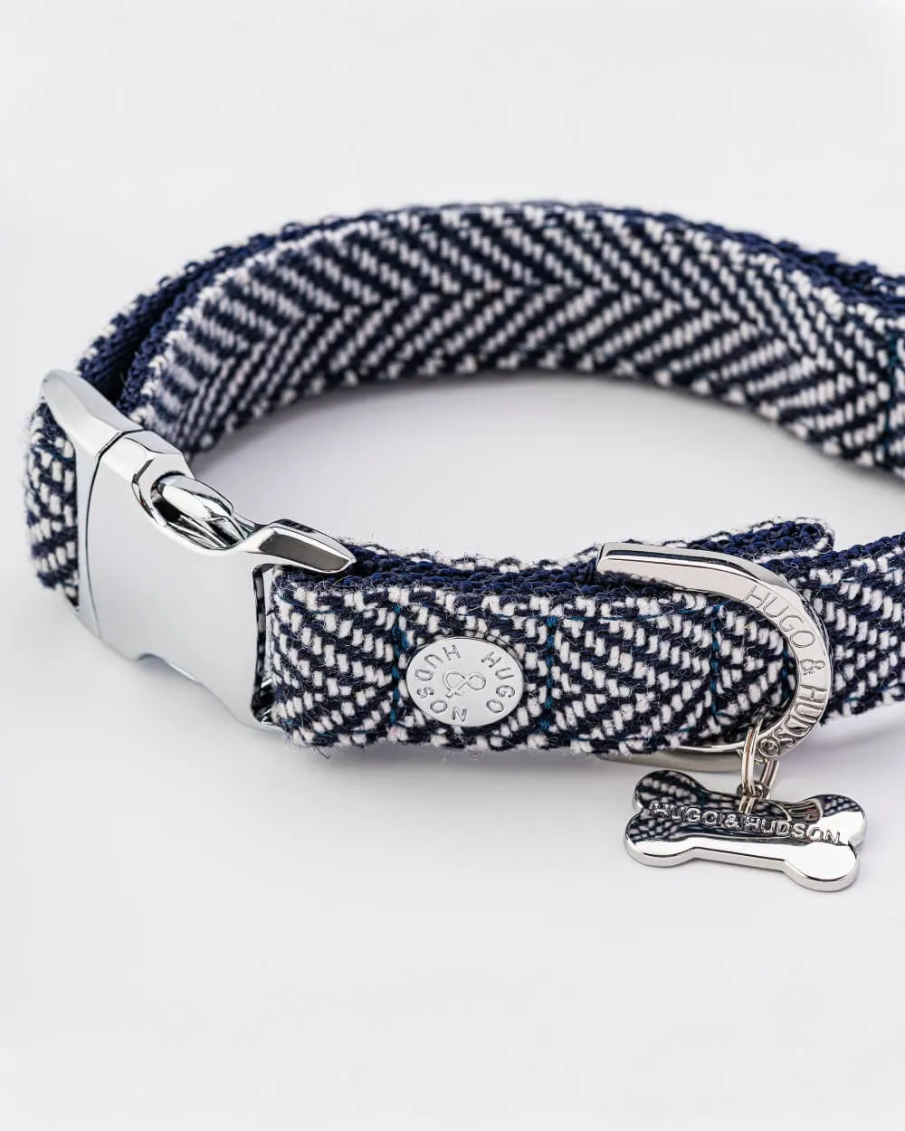 Tweed Metal Buckle Dog Collar - Navy Herringbone