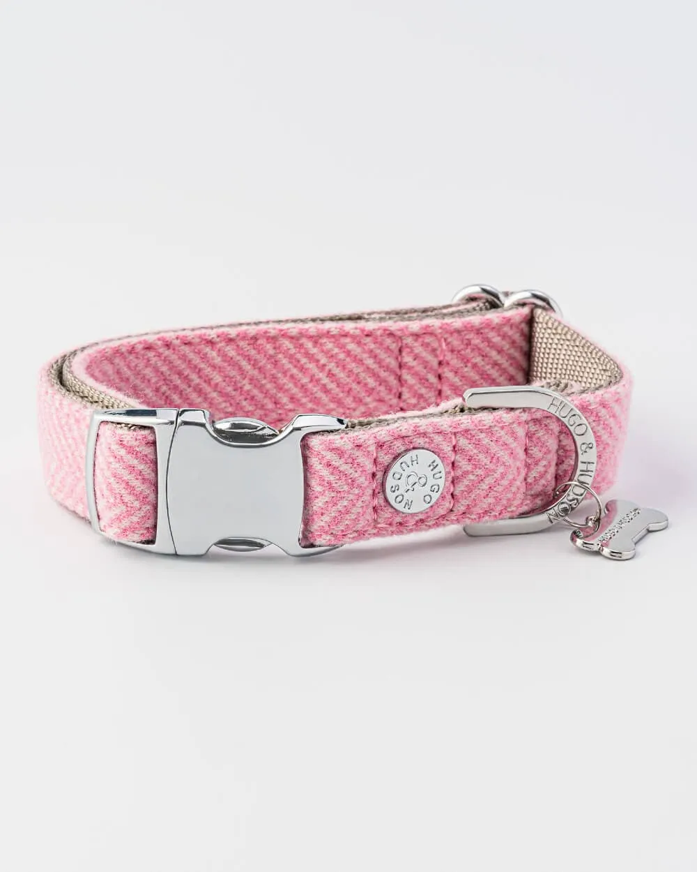 Tweed Metal Buckle Dog Collar - Pink Herringbone