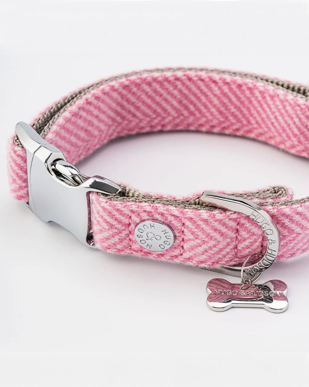 Tweed Metal Buckle Dog Collar - Pink Herringbone