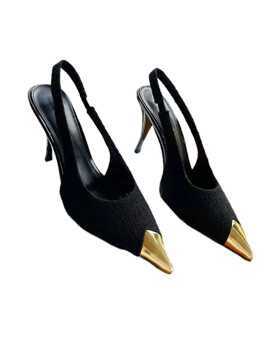 Tweed Pointed Toe Sling Back Heels