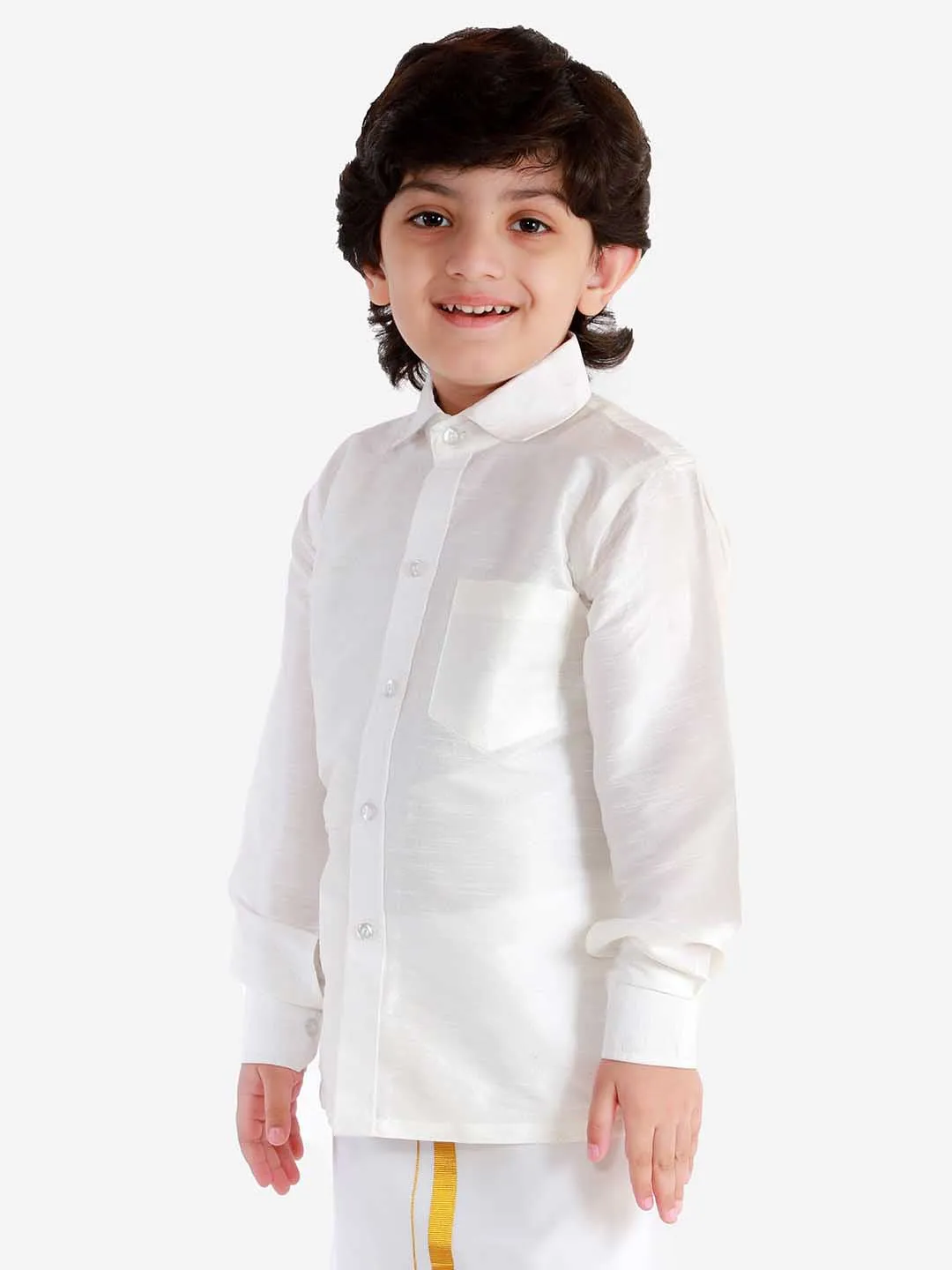 VASTRAMAY Boys' White Silk Long Sleeves Ethnic Shirt