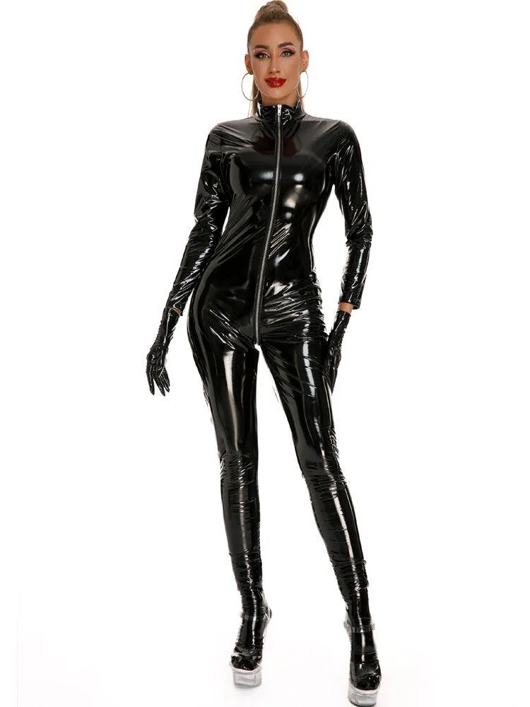 Wet Look PVC Catsuit Double Zipper Open Crotch Bodysuit Shiny PU Leather Cosplay Bodystocking Jumpsuit Tights Sexy Body Clubwear