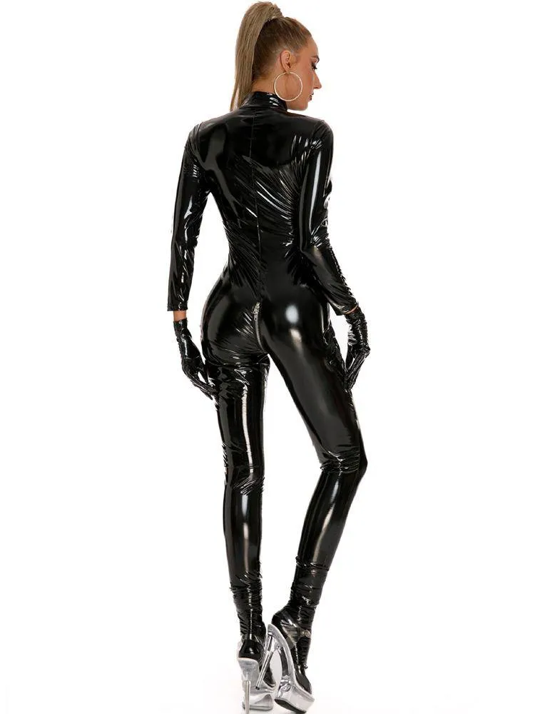 Wet Look PVC Catsuit Double Zipper Open Crotch Bodysuit Shiny PU Leather Cosplay Bodystocking Jumpsuit Tights Sexy Body Clubwear