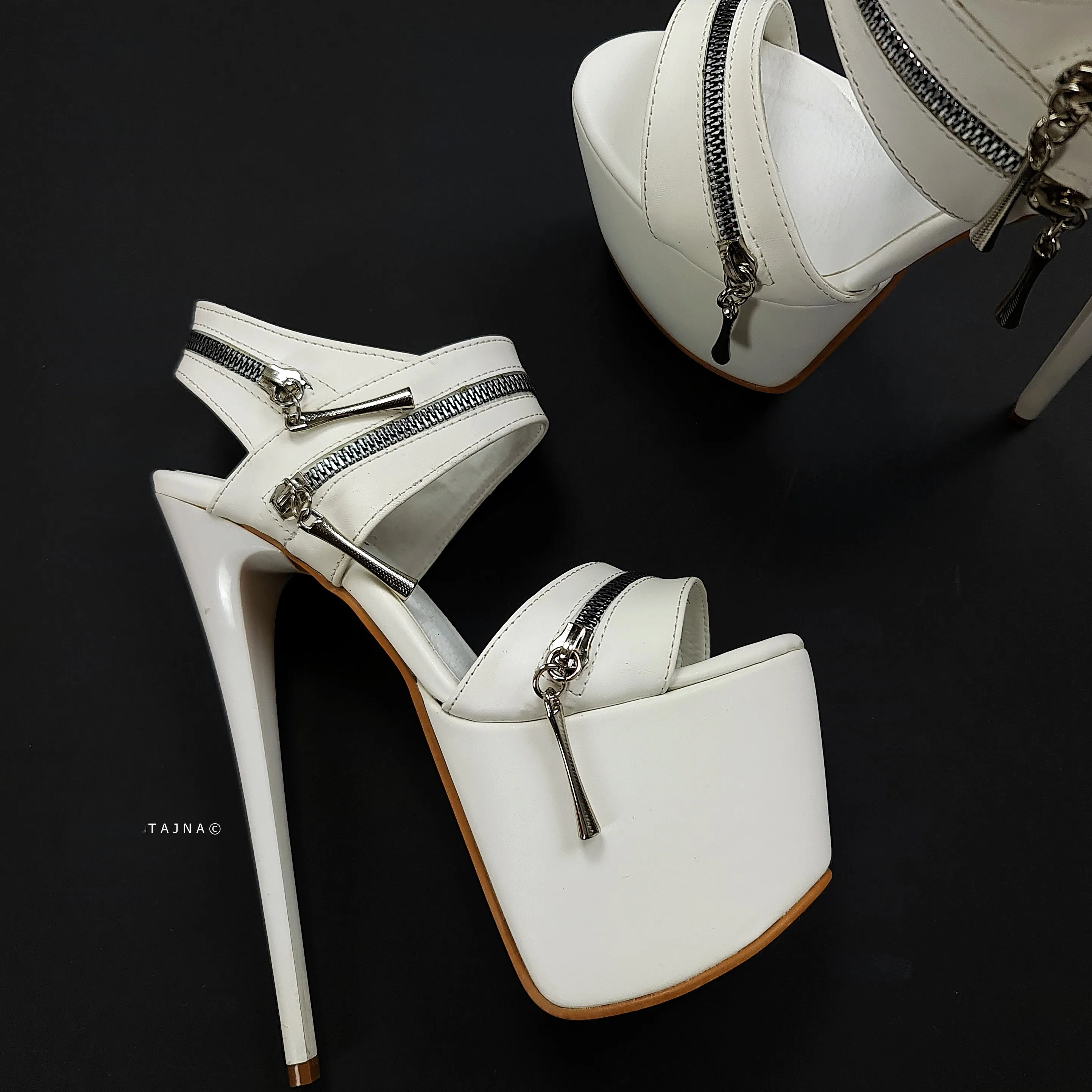 White Matte Zip Detail High Heel Sandals