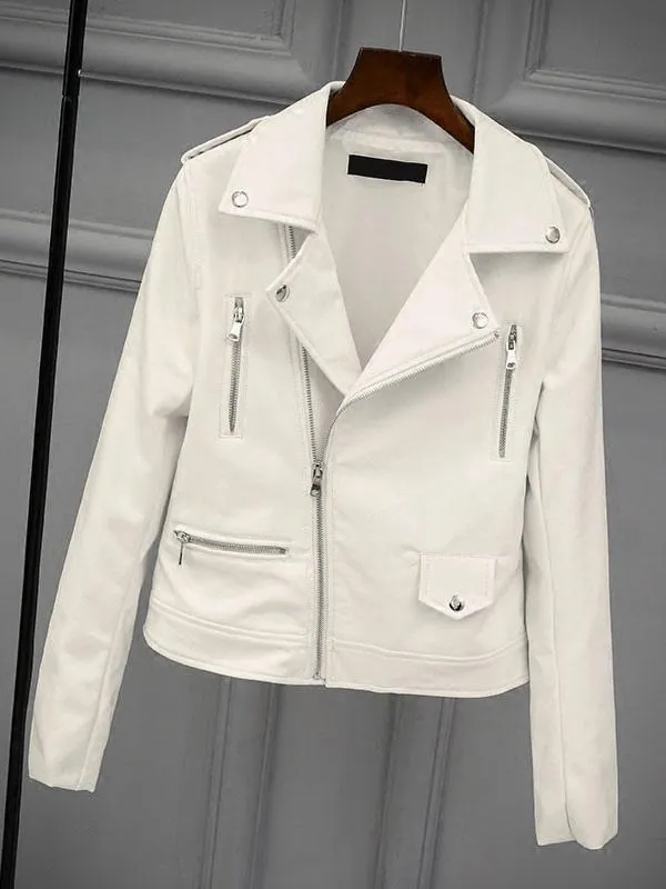 White Moto Jacket Turndown Collar PU Leather Spring Outerwear For Women