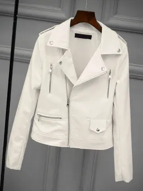 White Moto Jacket Turndown Collar PU Leather Spring Outerwear For Women