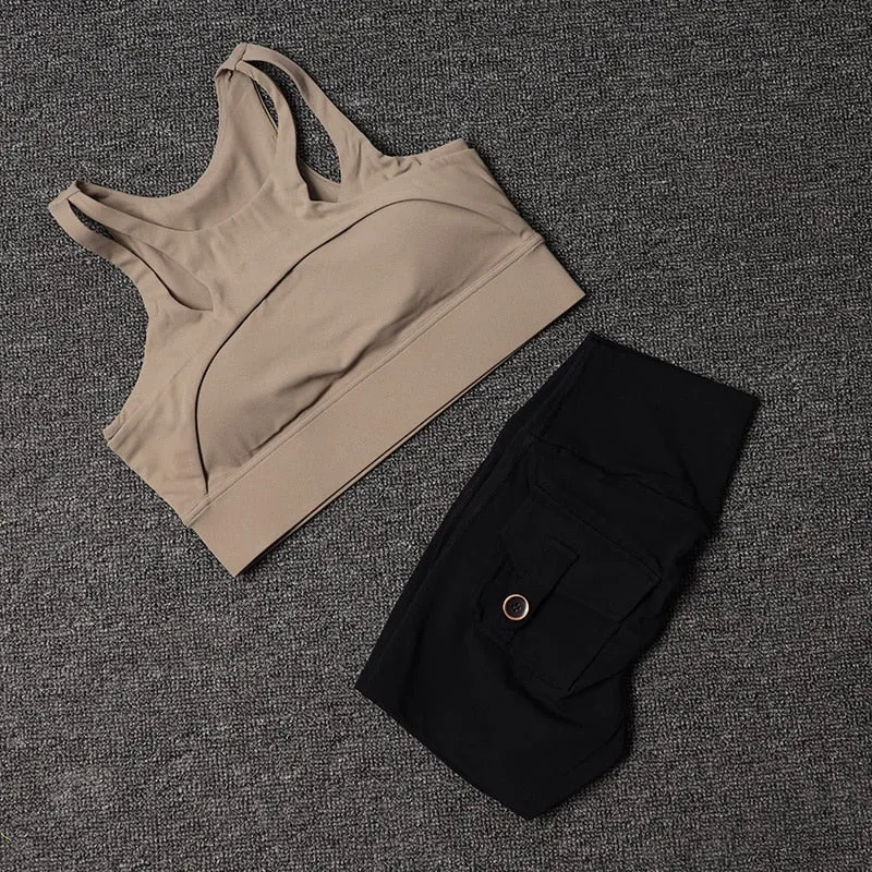 Women's Black High Waist Pocket Shorts with Khaki Bra Cycling Sportswear