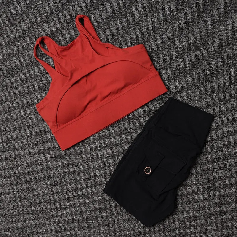 Women's Black High Waist Pocket Shorts with Red Bra Cycling Sportswear